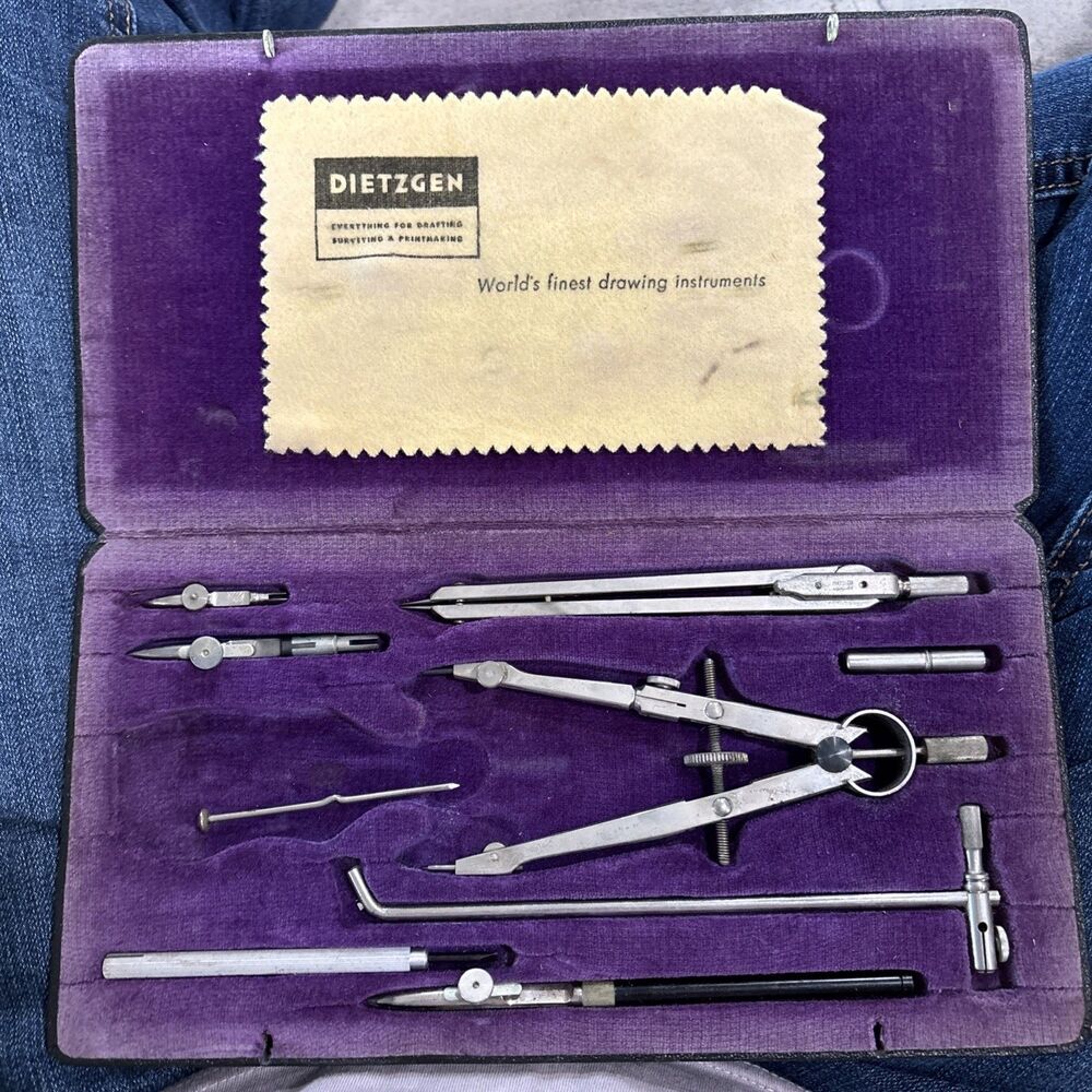 VINTAGE Dietzgen Globe DRAFTING Kit Tool 2 Compass + Accessories W/Case 9 Pieces